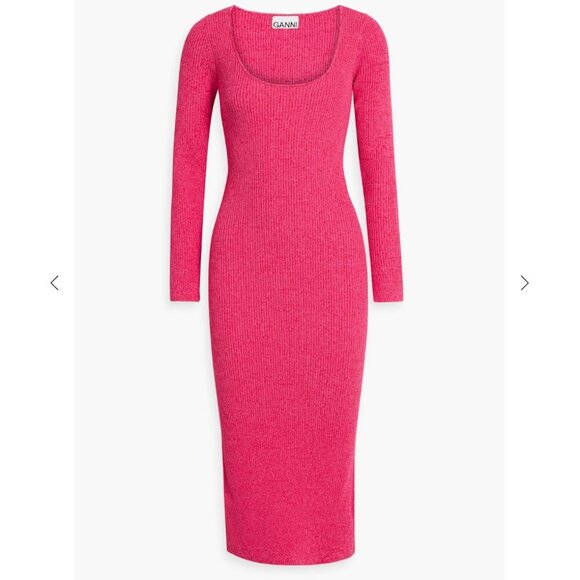 EUC Ganni Marled Ribbed Knit Midi Dress Fuchsia Pink Long Sleeve Stretch Small - Picture 3 of 16